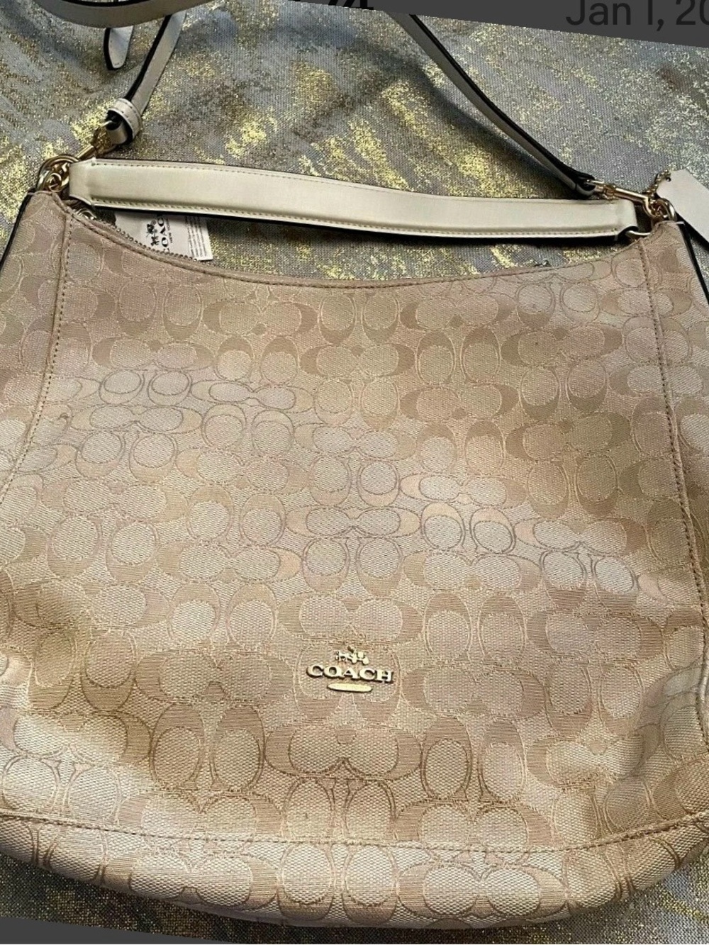 Coach Beige Signature Hobo Bag with Gold Hardware